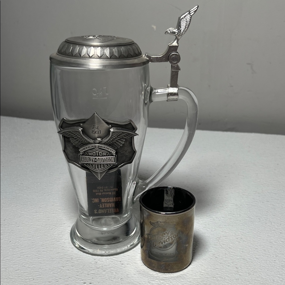 Harley Davidson Glass Stein with Metal Medallion & Hinged Lid W/Extras